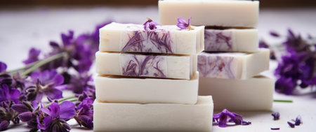 white soap squares with purple flowers on top.の素材