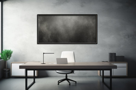 white photo framed on metal wall in empty office.の素材