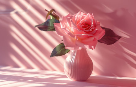 pink rose in a vase on pink background.の素材