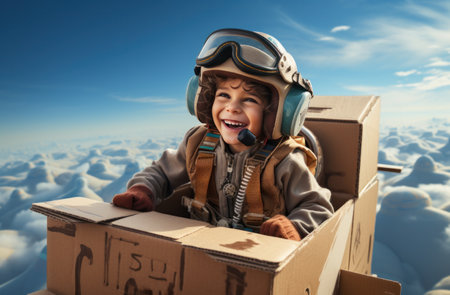 little boy flying a cardboard plane high in the sky.の素材