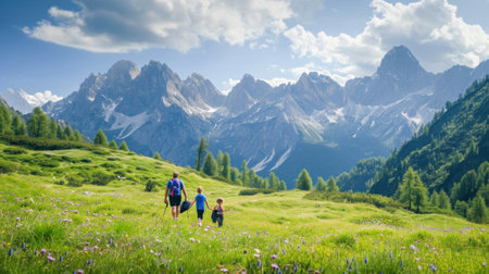 A fascinating shot of a family going on a hike in the mountains..の素材