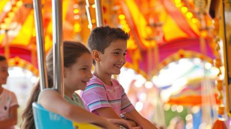 A joyful scene at a fair where children are having fun on the rides and parents are smiling as they watch them.の素材