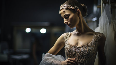 The ballet dancer, in full costume, reflects on the upcoming performance, creating a sense of anticipation and serenity.の素材