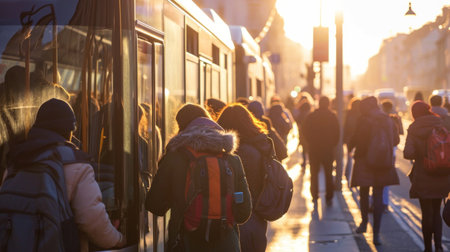 crowd of people on bus stop in the morning.の素材