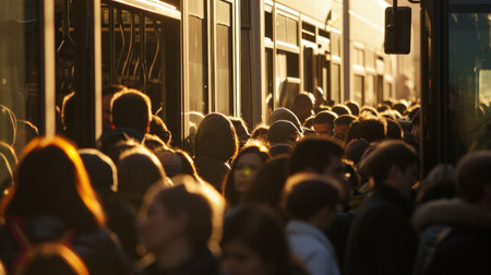 crowd of people on bus stop in the morning.の素材
