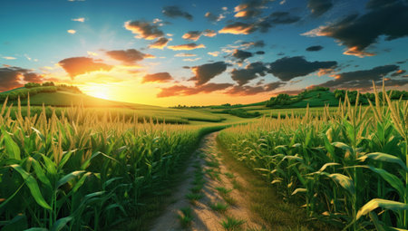 cornfield field with white dirt road at sunset.の素材