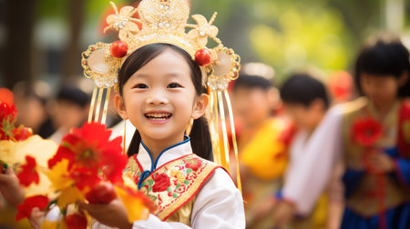 cultural of China as school kids participate in a festive celebration. Traditional atmosphere, vibrant decorations.の素材