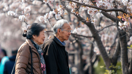 old Chinese couple walking in the spring part. sakura trees in bloom.の素材