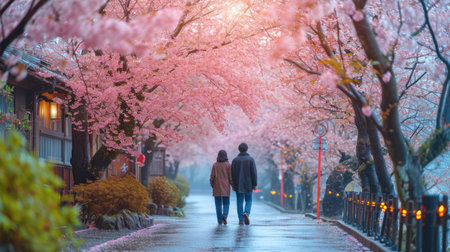 happy couple walking in the spring part. sakura trees in bloom.の素材