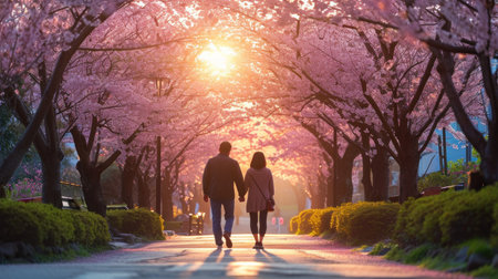 happy couple walking in the spring part. sakura trees in bloom.の素材