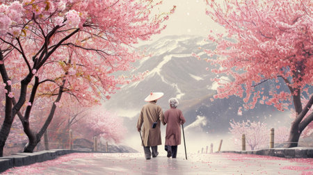 old Chinese couple walking in the spring part. sakura trees in bloom.の素材