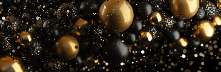 gold and black balloons strands on black background.の素材