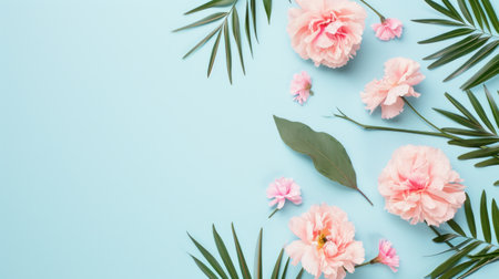 summer holiday background. minimalist pastel background with flowers and copy space for text.の素材
