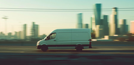 white van with blurred background in motion, on the road to a city.の素材