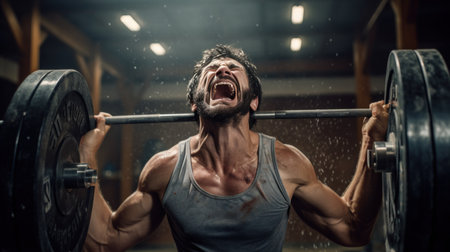 a sportsman as he conquers a challenging weightlifting session in the gym.の素材