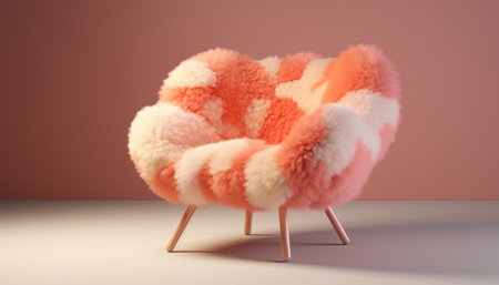 a chair with a pink fur is placed on an orange background.の素材
