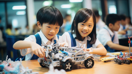 Chinese students engaged in Science, Technology, Engineering, Mathematics activities.の素材