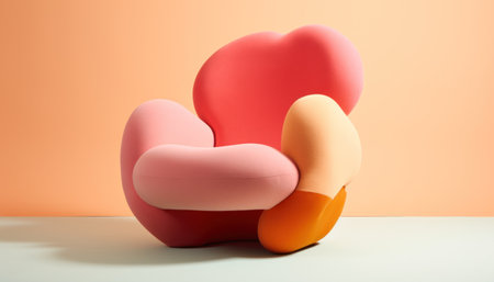 a chair with a pink fur is placed on an orange background.の素材
