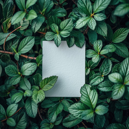 an empty paper card surrounded by green leaf.の素材