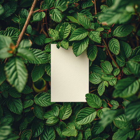 an empty paper card surrounded by green leaf.の素材