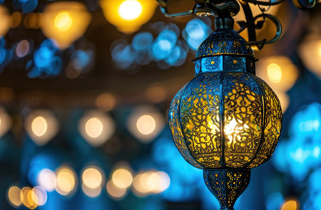 an old traditional lamp lit amidst beautiful bokeh.の素材