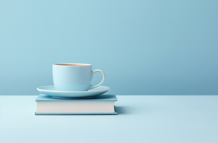 a cup of coffee is sitting atop a blue book on a saucer.の素材