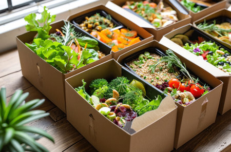 a selection of healthy food in the boxes.の素材