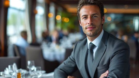 Suited businessman confidently presents strategic plans during a corporate meeting, exuding professionalism.の素材