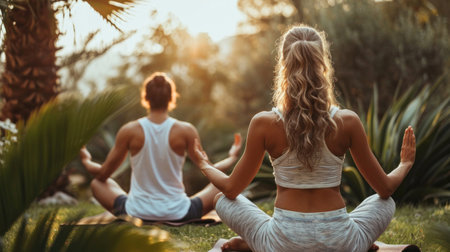 beautiful couple making yoga in summer garden.の素材