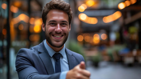 Suited businessman confidently presents strategic plans during a corporate meeting, exuding professionalism.の素材