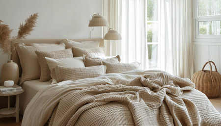 elegant bedroom with neutral bedding.の素材