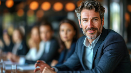 Suited businessman confidently presents strategic plans during a corporate meeting, exuding professionalism.の素材