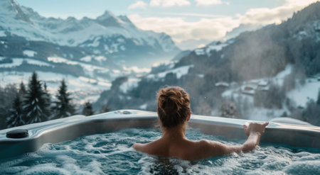 female in hot tub overlooking mountains and snow.の素材