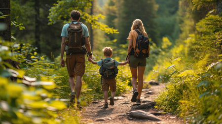 Joyful family hiking forest trails, connecting with each other amidst lush greenery.の素材