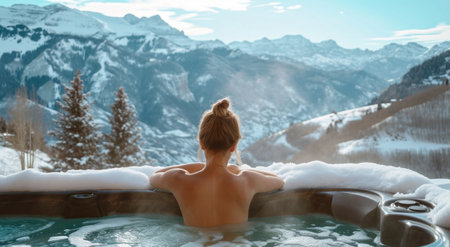 female in hot tub overlooking mountains and snow.の素材