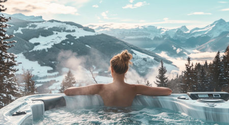 female in hot tub overlooking mountains and snow.の素材