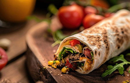 wrap is laying on board next to tomato.の素材