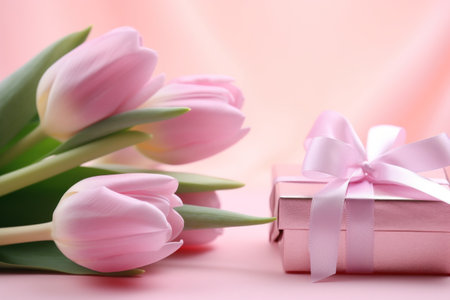 pink tulips and gifts on pink background.の素材