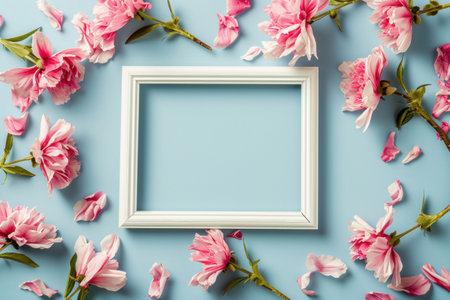 pink flowers in a white frame on a light blue background.の素材