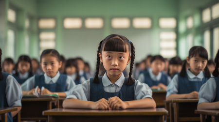 children's Chinese faces, brightly colored uniforms, and engaged expressions showcase the joy of learning.の素材