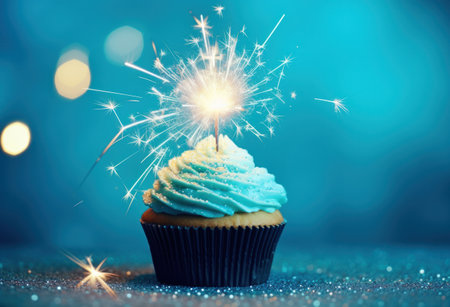 a cupcake with a sparkler that is placed on a blue table.の素材