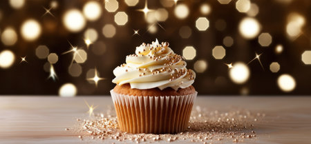 a cupcake with icing on the table by Christmas lights.の素材