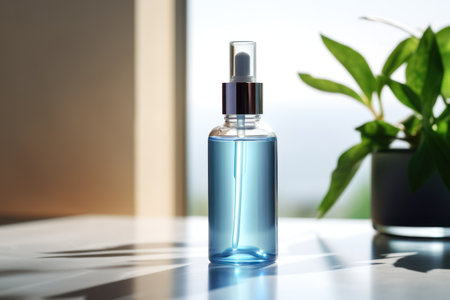 a blue serum bottle on the table.の素材