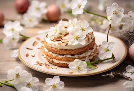 a cake is placed on a plate with almonds on top of a nest.の素材