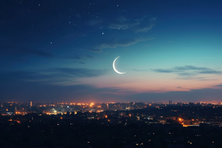 crescent against the sky with cityscape.の素材