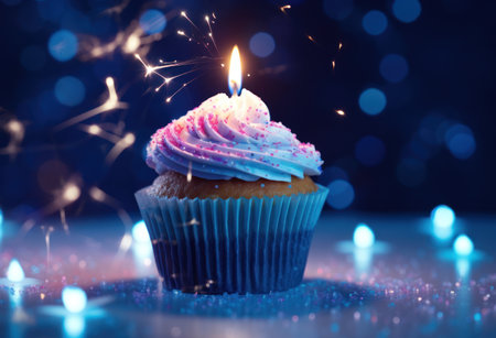 cupcake candle shot in blue.の素材