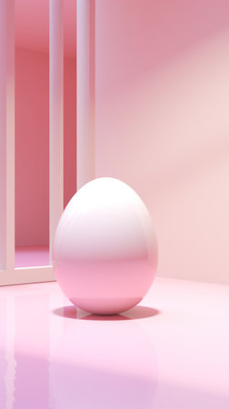isolated egg on a white surface with a pink background.の素材