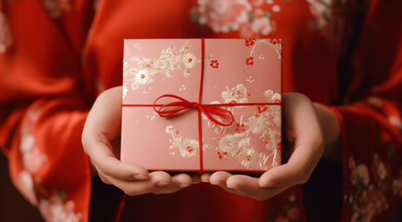 woman hands holding decorated gift box on red background.の素材