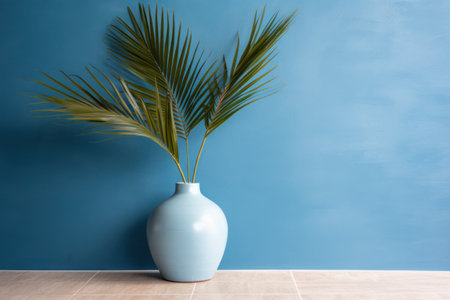 a vase in front of a tiled blue wall with a palm tree.の素材