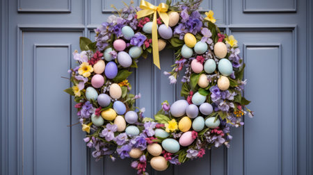 An exquisite image of a Easter wreath, intricately crafted with colorful eggs.の素材